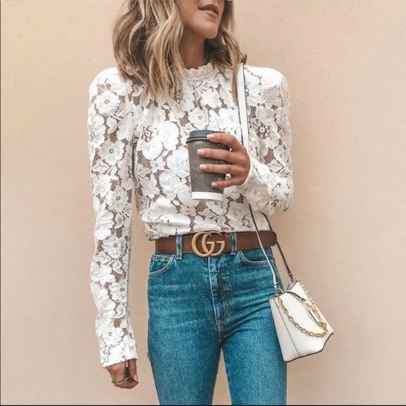 New! Dreamy White Lace Mock Neck Puff Sleeve Top - Picture 2 of 8